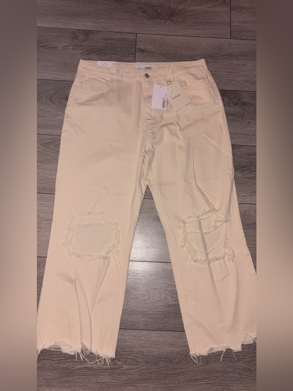 Vervet Women’s 90s High Rise Flare Jeans Beige Light Wash Distressed Size 32 NEW
